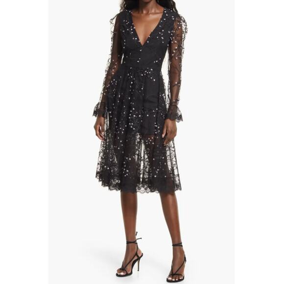 Helsi Ella Dress Long Sleeve Open Back Sheer Plunging Midi Dress